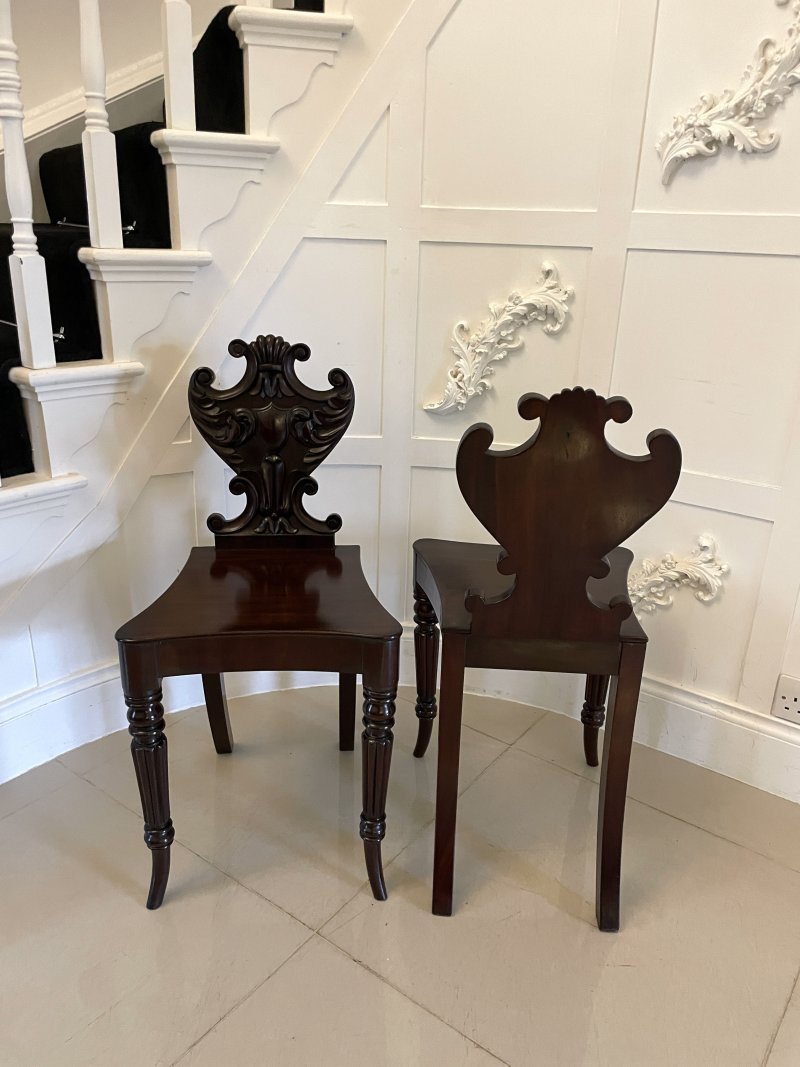 Outstanding Quality Pair of Antique Regency Carved Mahogany Hall Chairs - Image 2